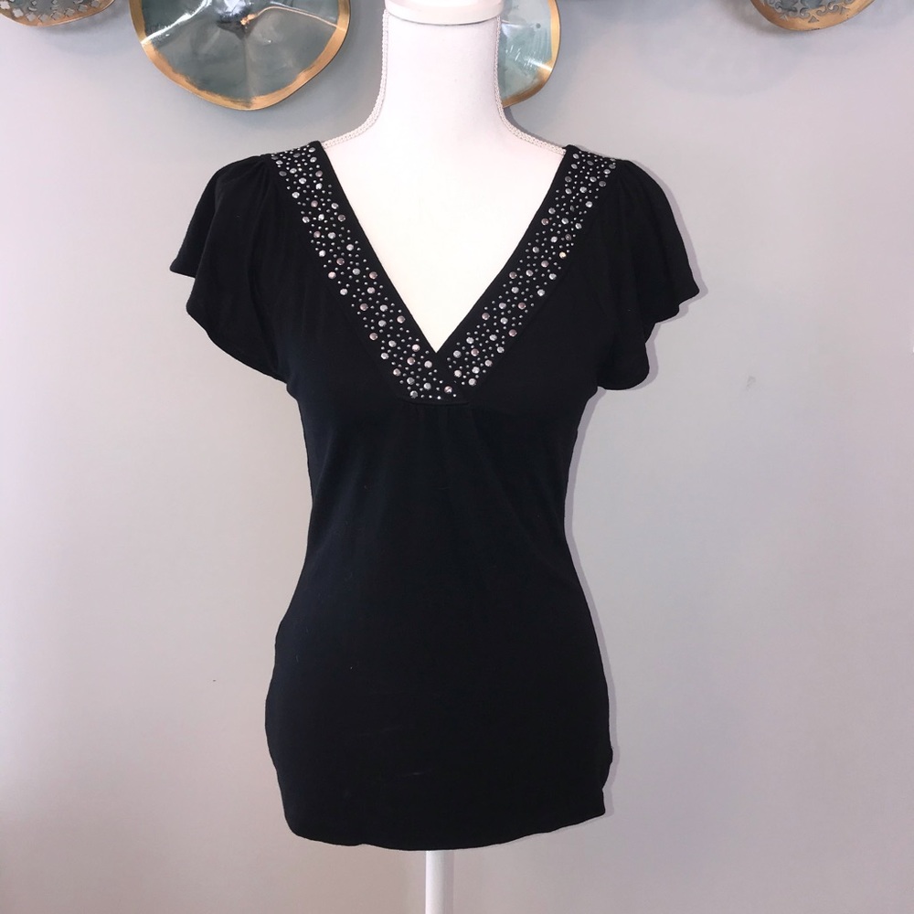 Black V-Neck Embellished Women's Top
